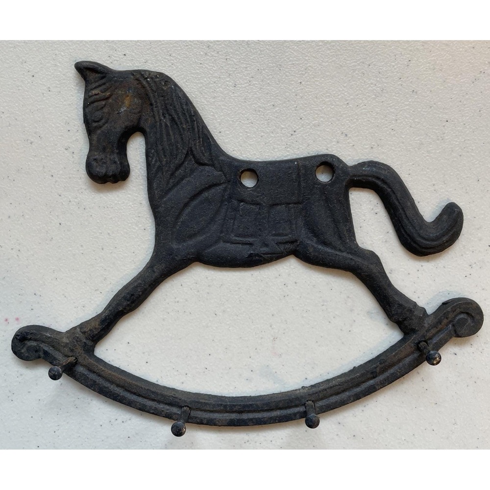 Vintage Cast Iron Rocking Horse Key Holder Wall Mount Country Farmhouse Barn 8"